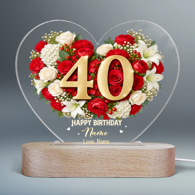 Personalized 40th Birthday LED Night Light, Custom Name Floral Heart Lamp, 40th Birthday Gift for Wife