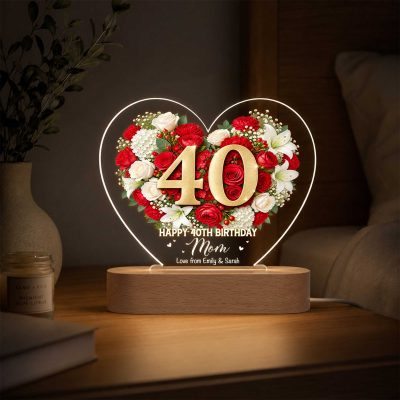Personalized 40th Birthday LED Night Light, Custom Name Floral Heart Lamp, 40th Birthday Gift for Wife