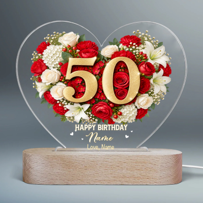 Personalized 50th Birthday LED Night Light, Custom Name Floral Heart Lamp, 50th Birthday Gift for Mom from Daughter