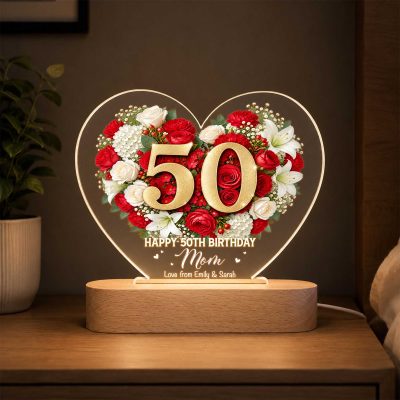 Personalized 50th Birthday LED Night Light, Custom Name Floral Heart Lamp, 50th Birthday Gift for Mom from Daughter