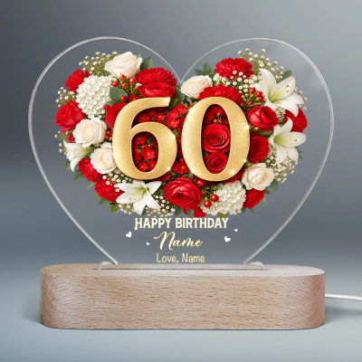 Personalized 60th Birthday LED Night Light, Custom Name Floral Heart Lamp, 60th Birthday Gift for Mom