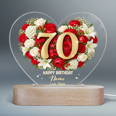 Personalized 70th Birthday LED Night Light, Custom Name Floral Heart Lamp, 70th Birthday Gift for Grandma