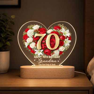 Personalized 70th Birthday LED Night Light, Custom Name Floral Heart Lamp, 70th Birthday Gift for Grandma