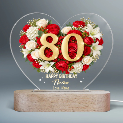 Personalized 80th Birthday LED Night Light, Custom Name Floral Heart Lamp, 80th Birthday Gift for Grandma from Granddaughter