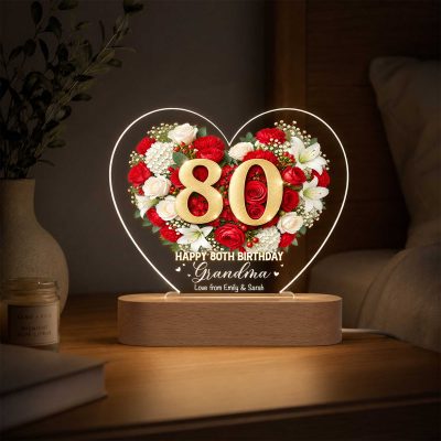 Personalized 80th Birthday LED Night Light, Custom Name Floral Heart Lamp, 80th Birthday Gift for Grandma from Granddaughter