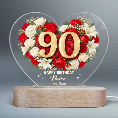 Personalized 90th Birthday LED Night Light, Custom Name Floral Heart Lamp, 90 Years Loved Keepsake, Gift for Grandma