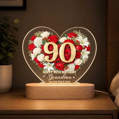 Personalized 90th Birthday LED Night Light, Custom Name Floral Heart Lamp, 90 Years Loved Keepsake, Gift for Grandma