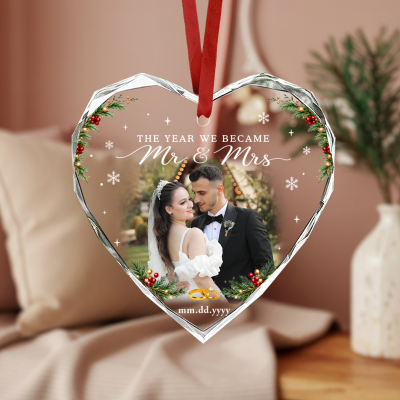 Personalized Mr and Mrs Christmas Ornament, Custom Wedding Photo Heart Ornament, The Year We Became Mr and Mrs, Newlywed Christmas Gift