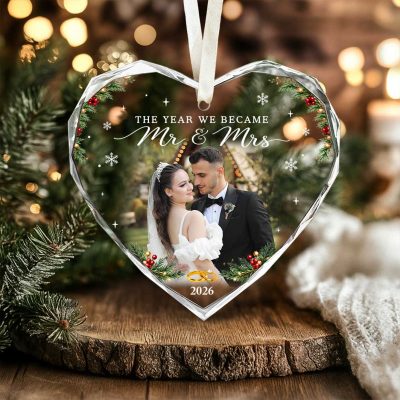 Personalized Mr and Mrs Christmas Ornament, Custom Wedding Photo Heart Ornament, The Year We Became Mr and Mrs, Newlywed Christmas Gift