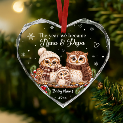Personalized Nana Papa Owls Crystal Heart Ornament, Custom Baby 2026 Christmas Bauble, 1st Time Grandparents Keepsake Gift