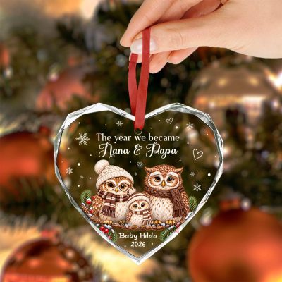 Personalized Nana Papa Owls Crystal Heart Ornament, Custom Baby 2026 Christmas Bauble, 1st Time Grandparents Keepsake Gift