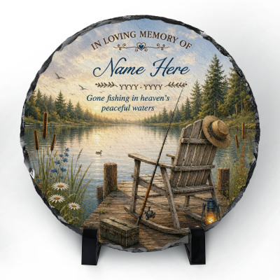 Personalized Gone Fishing Memorial Slate Plaque, Custom In Loving Memory Desk Stone, Sympathy Bereavement Keepsake Gift for Loss of Father