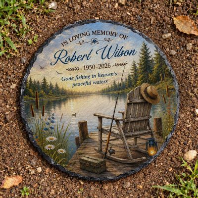 Personalized Gone Fishing Memorial Slate Plaque, Custom In Loving Memory Desk Stone, Sympathy Bereavement Keepsake Gift for Loss of Father